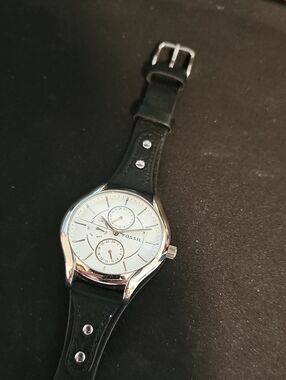 Fossil Silver Case White Dial Black Leather Strap Watch with Studs